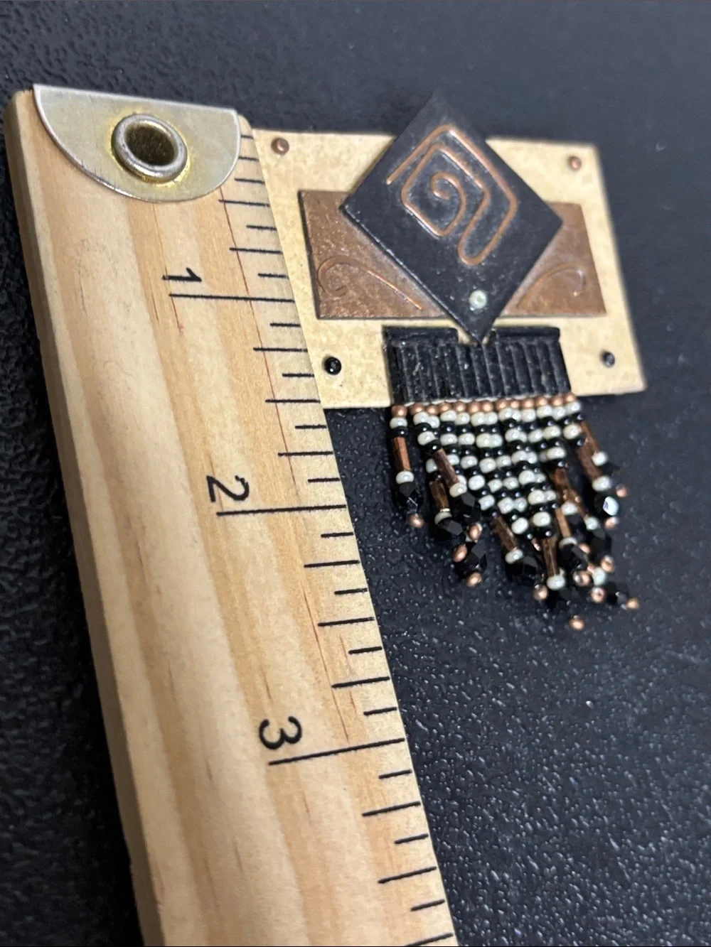 Handcrafted Geometric Metal Beaded Fringe Pendant in Black Bronze Brooch